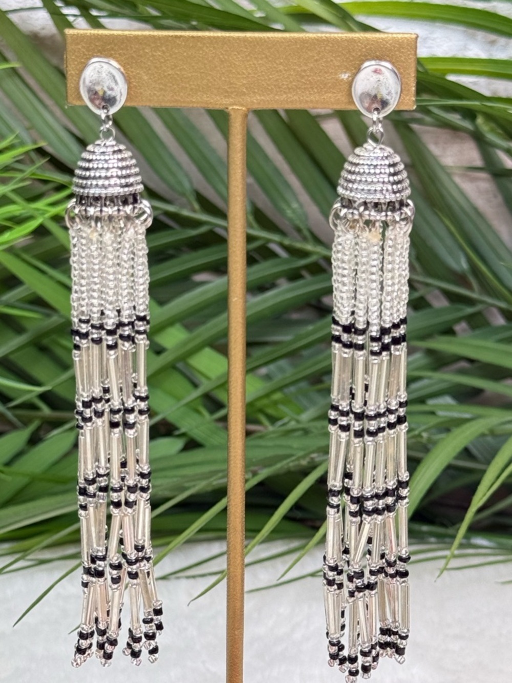NWOT Statement Silver Beaded Fringe Tassel Earrings Fashion Earrings